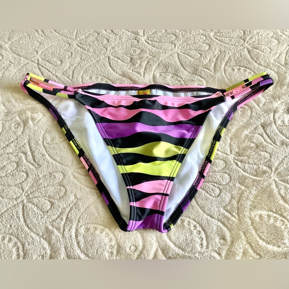 Cover Style Pink, Black and Yellow Striped Bikini Bottom - Size L